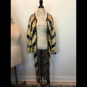 sheer mesh robe adorned in gold thread black beads